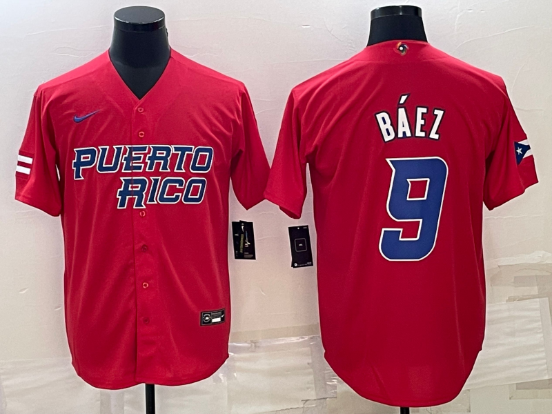 Men's Puerto Rico Baseball #9 Javier Báez 2023 Red World Baseball Classic Stitched Jersey